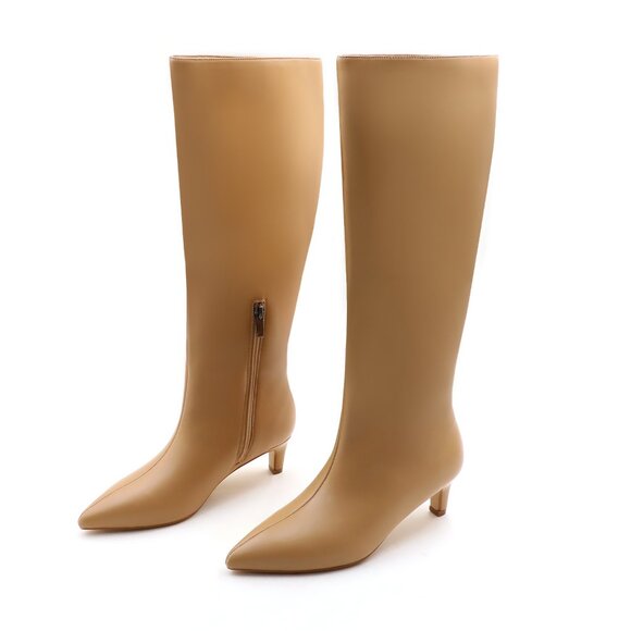 Lurnyet Women's Knee High Boots, Faux Leather Pointed Toe with 2 Inch Heel - Picture 3 of 10